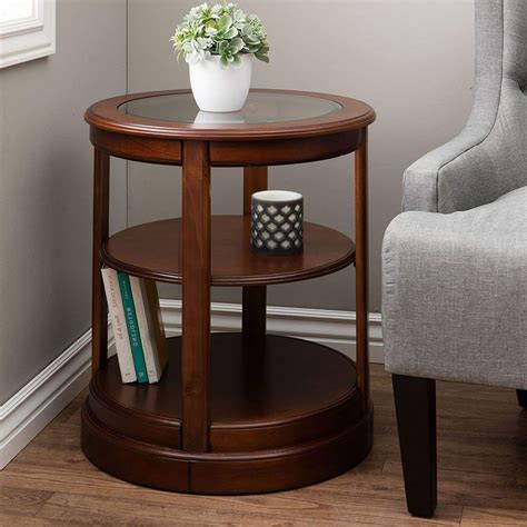 Round Wooden End Table with Glass Top | Round side tables for living ...