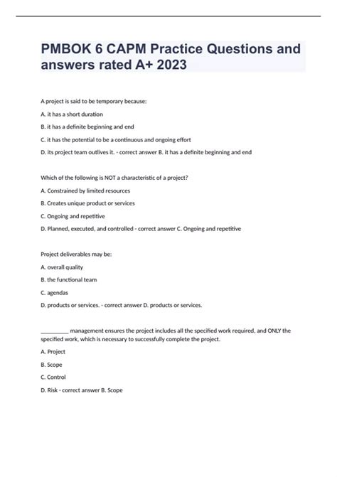 PMBOK 6 CAPM Practice Questions and answers rated A+ 2023 - CAPM ...