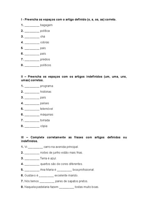 Exercícios sobre artigos definidos e indefinidos 27 05 2023 - I - Preencha os espaços com o ...