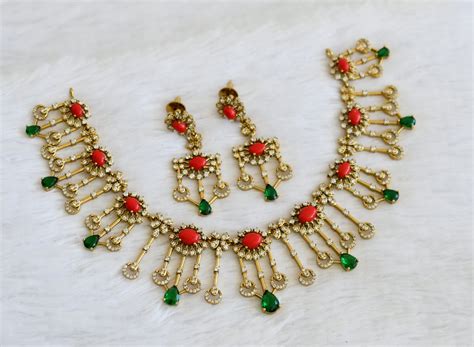 Antique gold tone cz coral-green stone flower necklace set dj-50255 ...