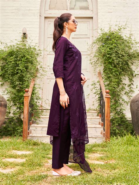 Wine Silk Blend Tonal Thread Embroidered Straight Cut Kurta Set