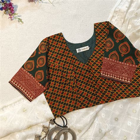 Dark Green Red Ajrakh Cotton Readymade Blouse | Godhuli