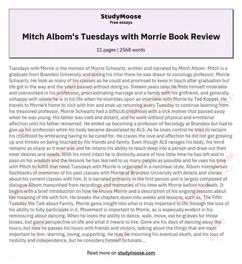 Mitch Albom's Tuesdays with Morrie Book Review Free Essay Example