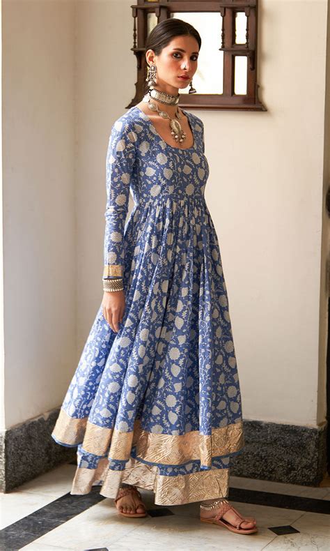 Chandani block printed blue anarkali with sharara and dupatta (set of ...