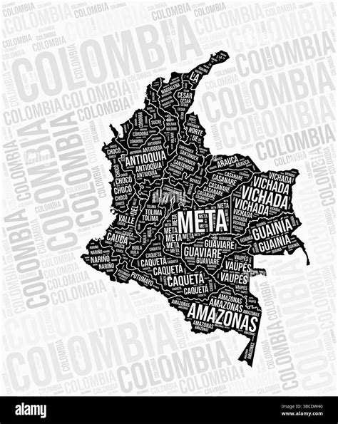 Colombia regions map word cloud. Colombia region names. Black and white ...