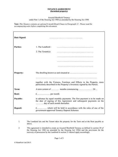 UK Assured Shorthold Tenancy Agreement - Blank Fillable Template | Fill ...