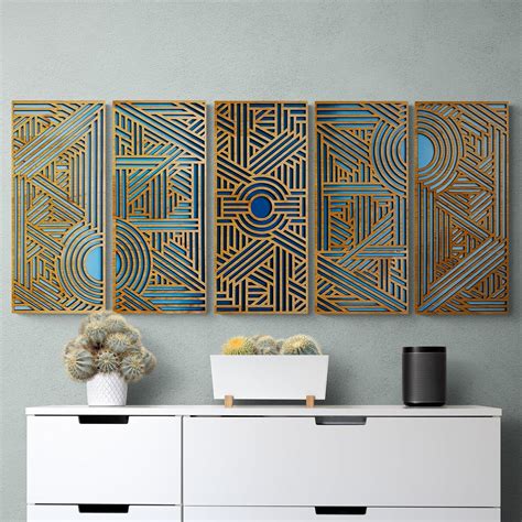 Geometric Wall Art 5 Panel Art Deco Wall Decor Layered Wood Wall ...