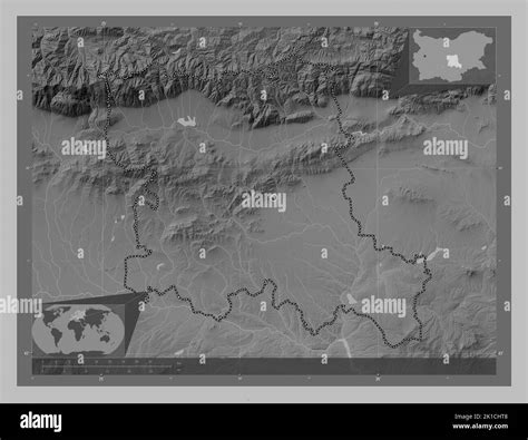 Stara Zagora, province of Bulgaria. Grayscale elevation map with lakes and rivers. Corner ...