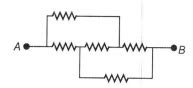 Five equal resistors, each equal to r are connected as shown in the ...