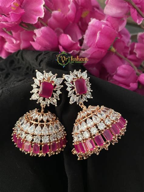 American Diamond Jhumkas -Pink -G2511 – vrikshamindia