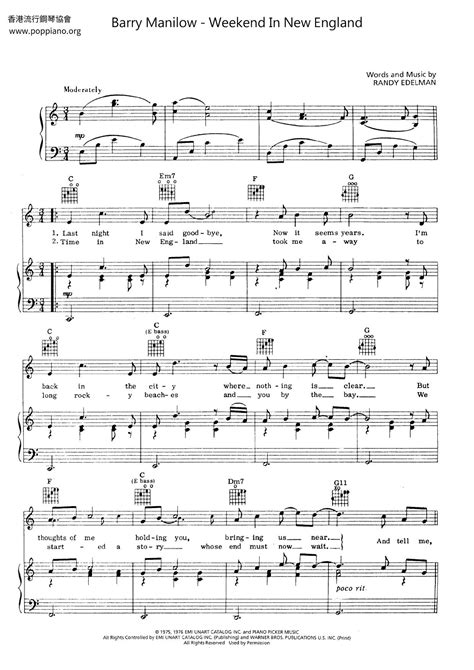 Barry Manilow-Weekend In New England Sheet Music pdf, - Free Score ...