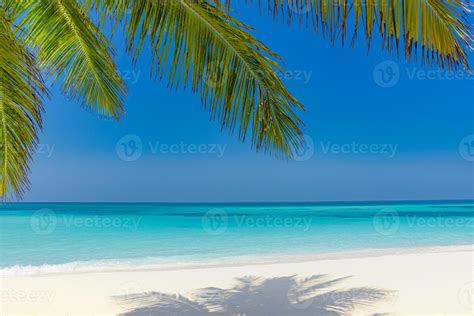Panoramic landscape view of white beach sand sea water and blue sky clear background. Tropical ...