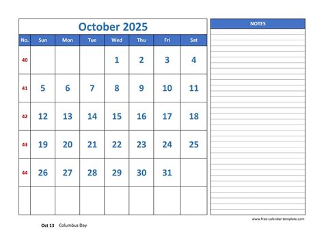 October Calendar 2025 grid lines for holidays and notes (horizontal ...