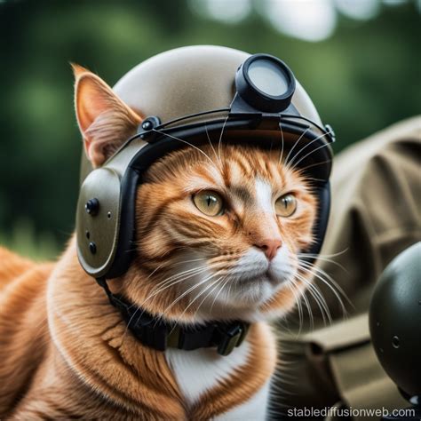 a cat in a military helmet looks at the battlefield during the second ...