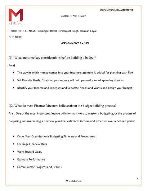 Answerd Revised Budget Fast Track Assignment 3 Class 9 Chap 4 Revised ...