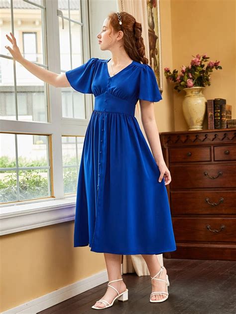 SHEIN Teen Girls Butterfly Sleeve Button Front Dress | SHEIN USA