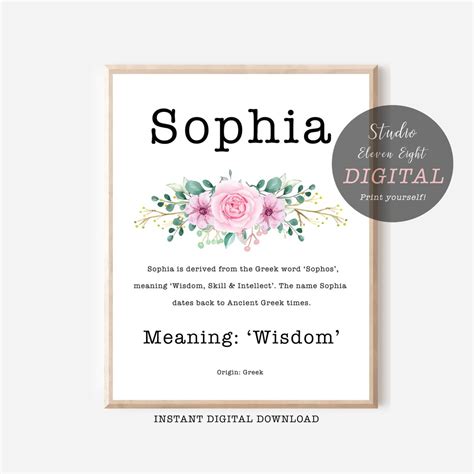 Sophia Name Meaning Printable With Pink Flowers and Typewriter Font ...