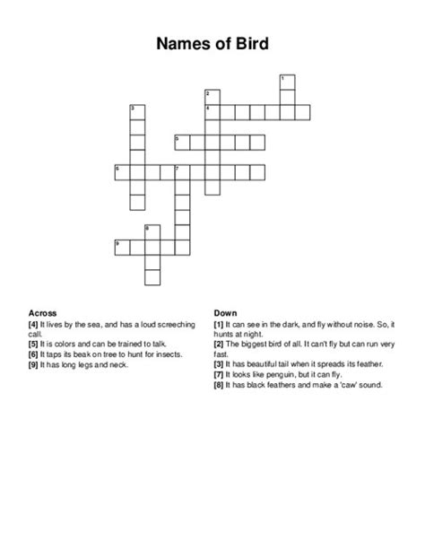 Names of Bird Crossword Puzzle