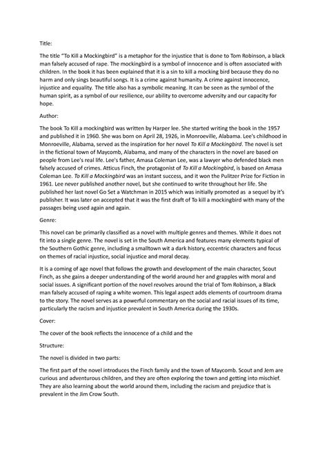 Title - Book Review - Title: The title “To Kill a Mockingbird” is a ...