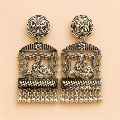 Oxidized Silver Radha Krishna Temple Earrings with Dangle Beads – Kimti