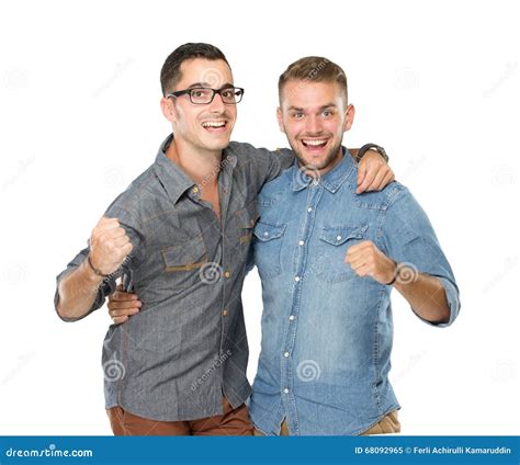 Two Friends Guys Standing with Hands on Shoulders and Looking at Stock ...
