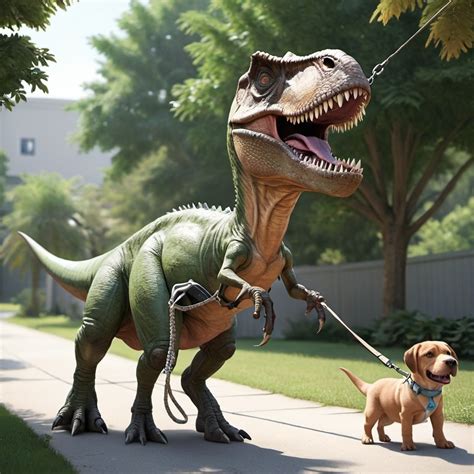 A dinosaur taking a dog for a walk on leash
