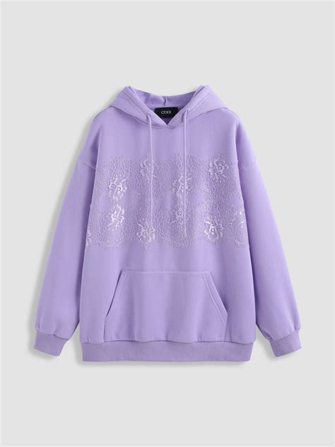 Terry Floral Drawstring Lace Hoodie For School Vacation Work Holiday