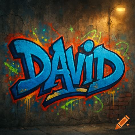 Blue graffiti tag of the name David on a grungy concrete wall with ...