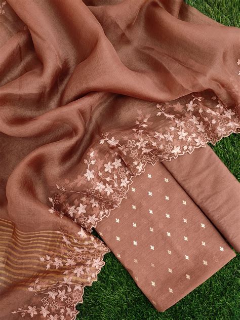 Pure Banarasi Moonga organza silk unstitched suit with beautiful zari ...