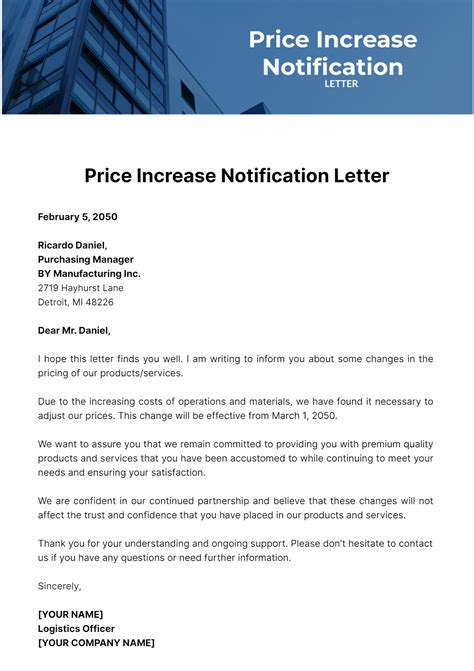 Free Price Increase Notification Letter Template to Edit Online