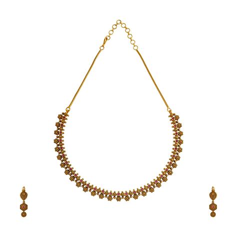 Buy KUSHAL'S Fashion Jewellery Ruby Gold Polished Antique Necklace Set ...