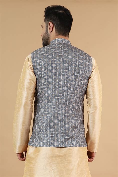 Wintage Men's Digital Print Cotton Silk Grey Modi Nehru Jacket : Grey ...