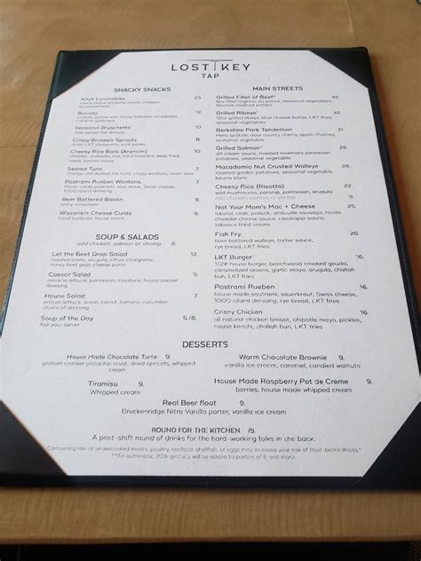 Menu at Lost Key Tap restaurant, Wrightstown