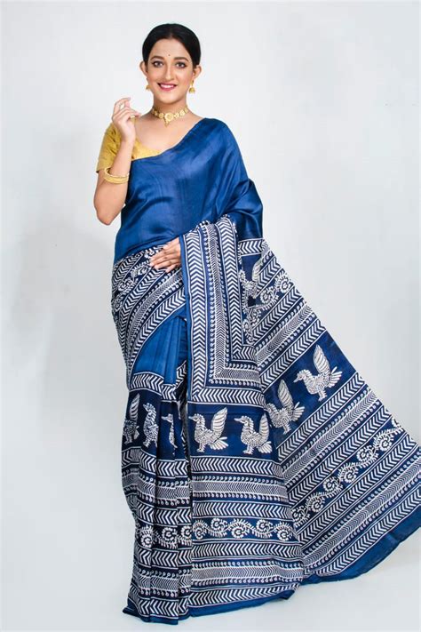 Blue Block Printed Pure Silk Mark Certified Murshidabad Silk Sarees ...