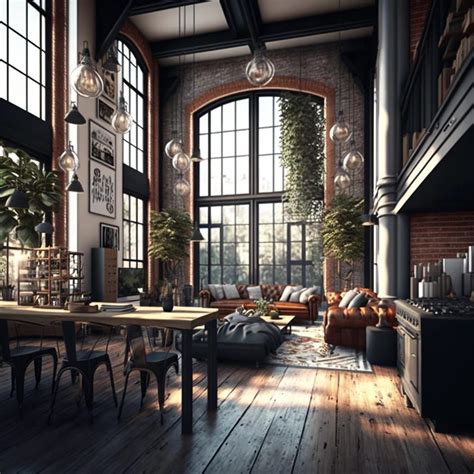 Industrial Style Living Room with Exposed Brick Walls