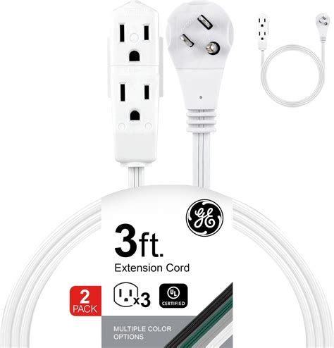 GE 3-Outlet Flat Extension Cord 3 Ft Grounded Extension Cord with ...