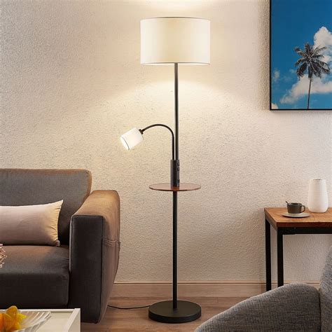 Lindby Aovan floor lamp, black, shelf, USB port | Lights.ie
