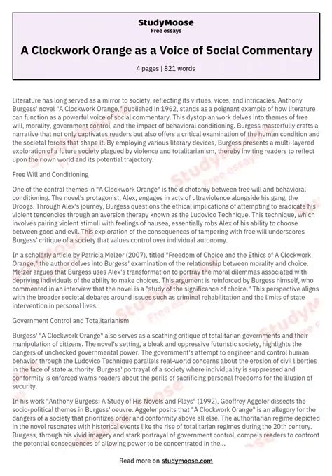 A Clockwork Orange as a Voice of Social Commentary Free Essay Example
