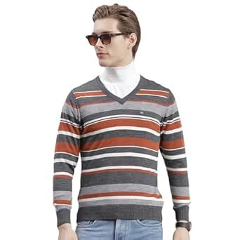 Monte Carlo Mid Grey Striped V Neck Sweater | Warm Woolen Pullover for ...