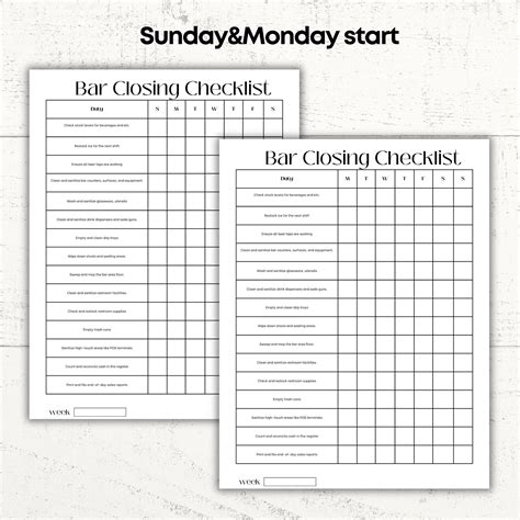 Bar Closing Checklist Bar End Shift Cleaning List Bar Cleaning Log Bar Templates Bartender ...