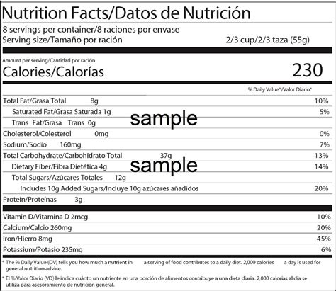 Nutrition Facts Bi-lingual English Spanish Template FDA Standard Format ...