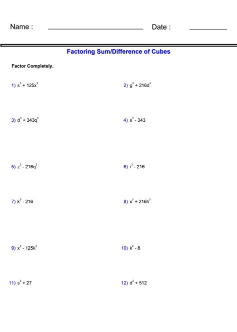 Factoring Sum/Differences of Cubes Worksheets - Algebra 2 - Polynomial ...