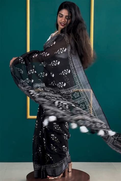 Flattering 1-Minute Ready To Wear Black Cotton Saree – thelotusfab