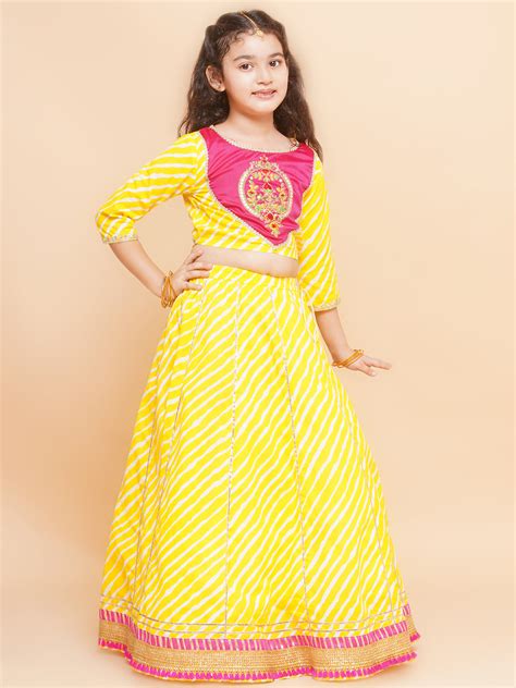 Shop Bitiya by Bhama Girls Yellow Leheriya Printed Lehenga & Pink ...
