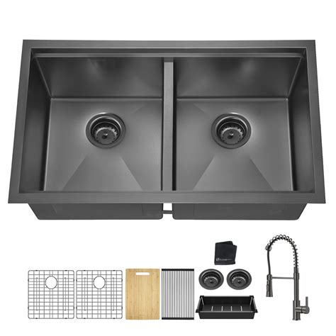 Double Bowl Black Undermount Workstation Kitchen Sink - 33x19 Gunmetal ...