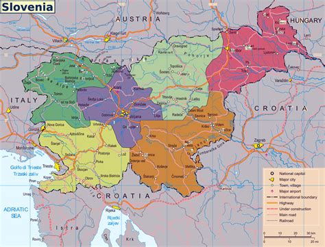 Large map of Slovenia with regions, roads, railroads, major cities and airports | Slovenia ...