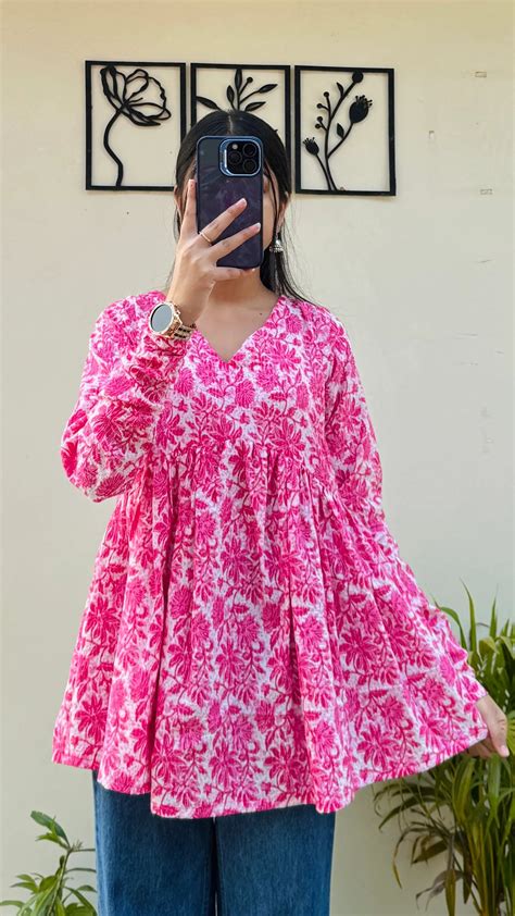 Cotton Katha Pink Printed Flared Peplum Top – Dolled Up