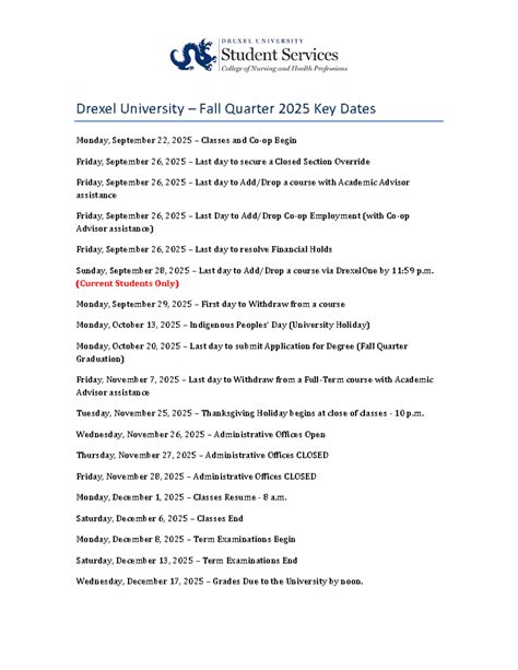 Drexel University Fall Quarter 2025 Important Dates - Studocu