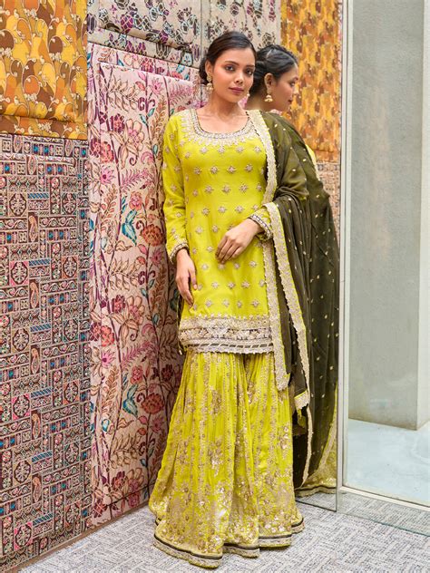Lime Yellow Gharara Paired With Green Dupatta – Tirumala Designers