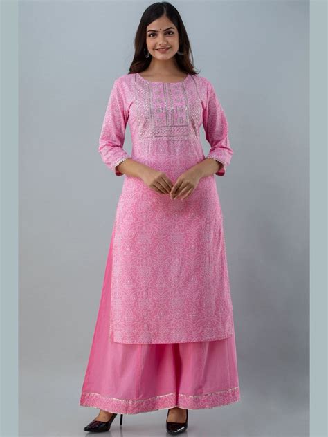 Printed Cotton Round Neck 3/4 Sleeve Straight Calf Length Kurta Set ...